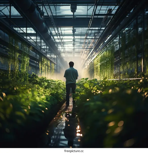 Hydroponic greenhouse worker inspecting the plants