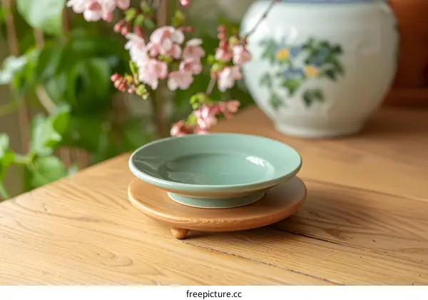 Green Teacup Saucer On Wooden Stand