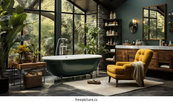 Bathroom With Large Windows and Green Bathtub