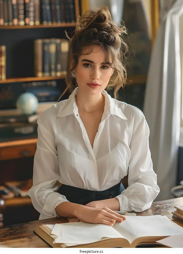 Portrait of a beautiful young woman in a white blouse sitting at a desk in a library