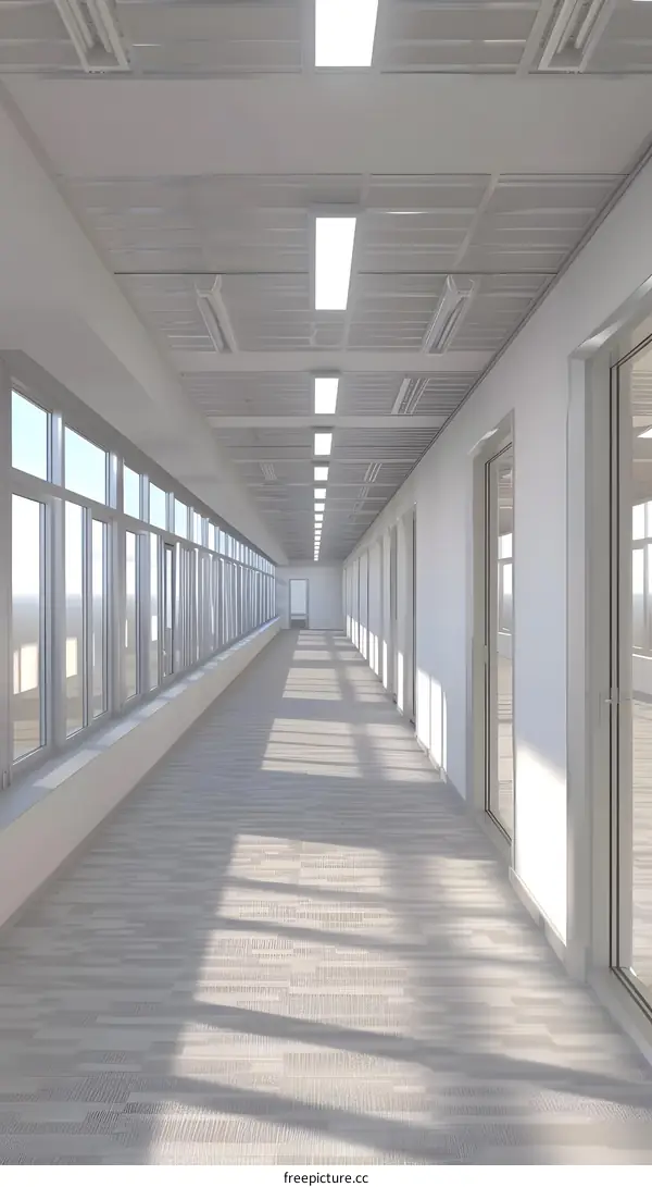Modern Office Hallway With White Walls and Windows
