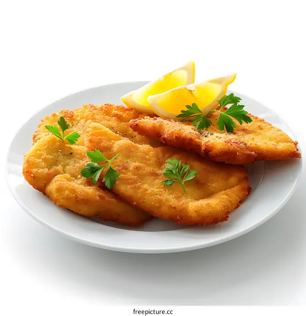 three pieces of fried chicken on a white plate with lemon wedges and parsley