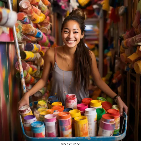 Portrait of a young woman working in a paint factory