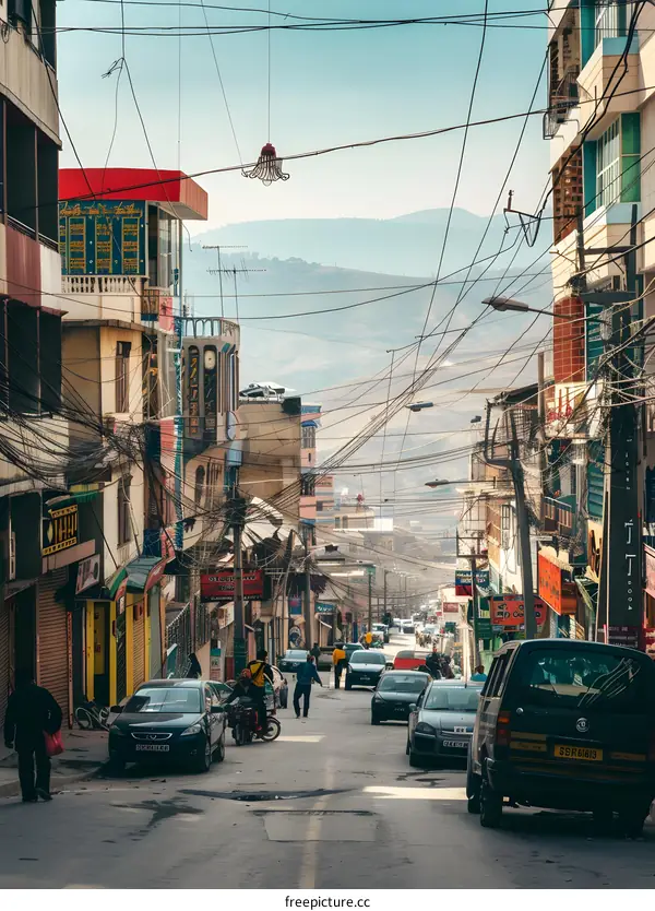 Narrow Street with Many Wires in a City