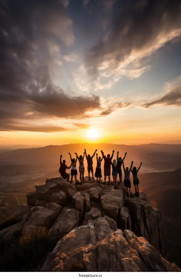 People celebrating the sunset at the top of a mountain