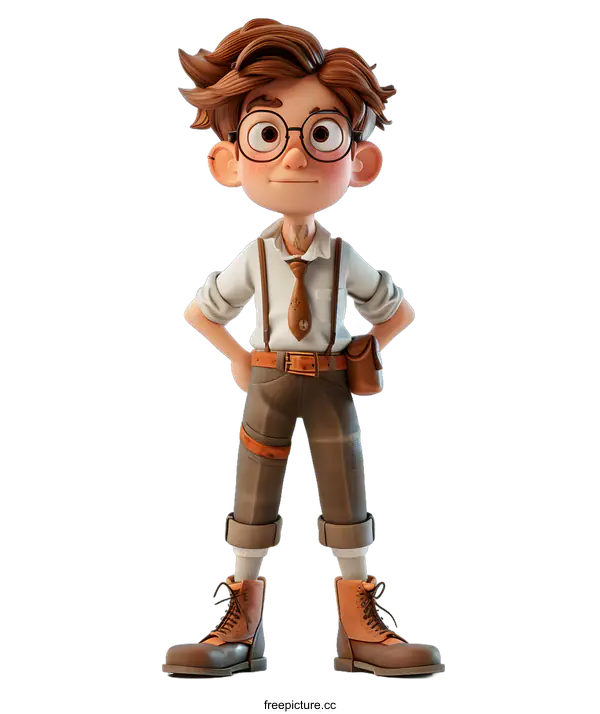 [Transparent Background PNG]A young boy with brown hair and glasses wearing a white shirt and brown pants is standing with his hands on his hips.