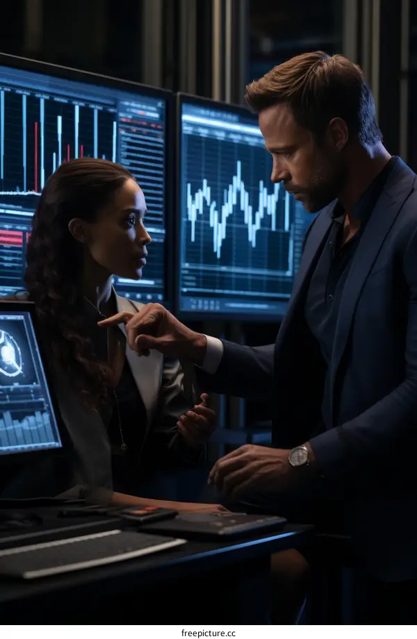 Man and woman in dark room looking at computer screens