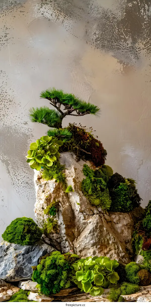 Miniature Bonsai Tree on a Rock with Moss