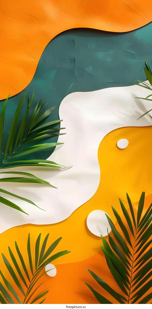 Tropical Palm Leaves on Abstract Orange and Green Background