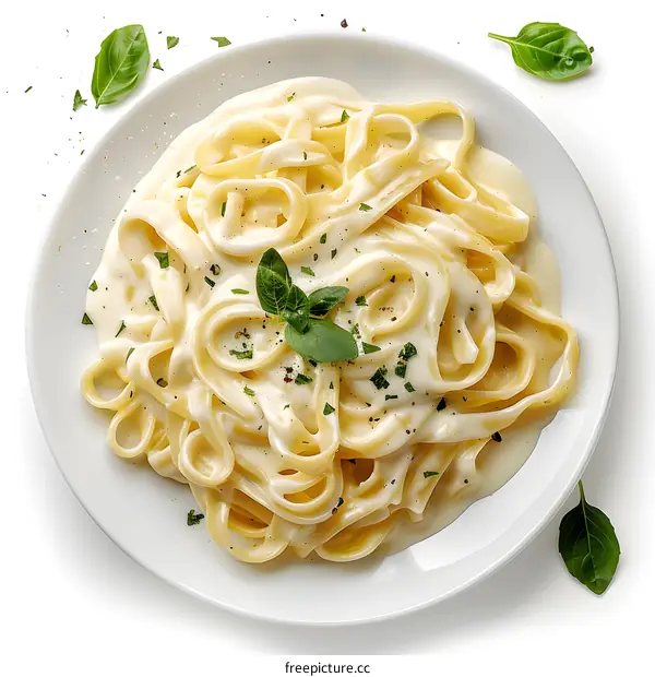 Creamy fettuccine alfredo pasta with basil