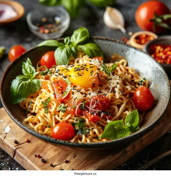Noodles with cherry tomatoes, eggs and basil