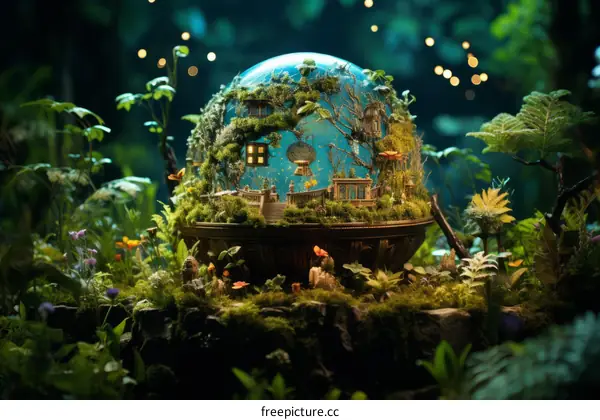 A beautiful illustration of a fairy garden inside a glass ball with a forest background