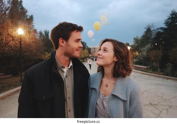 Couple Walking in Park with Balloons