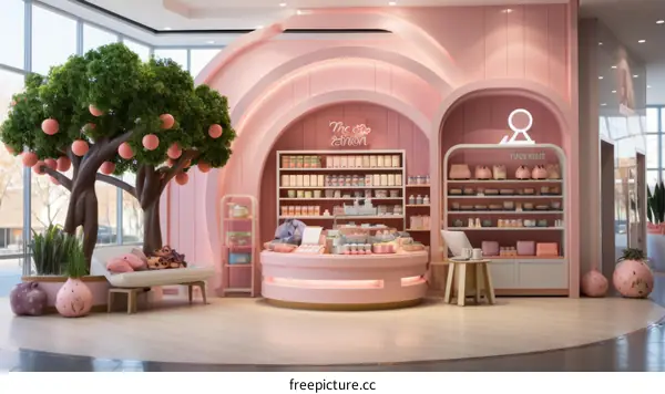 A pink and white store interior with a large pink tree, a pink and white striped counter, and pink shelves.