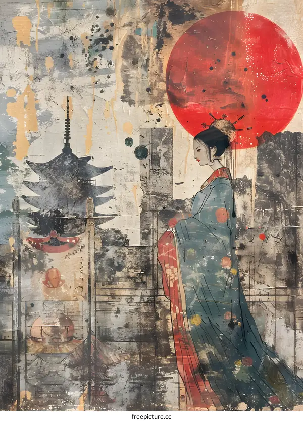 Japanese Woman in Traditional Clothing With Red Sun Behind Her
