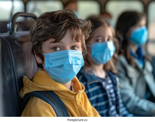 School children wearing facial masks on a bus during the COVID-19 pandemic