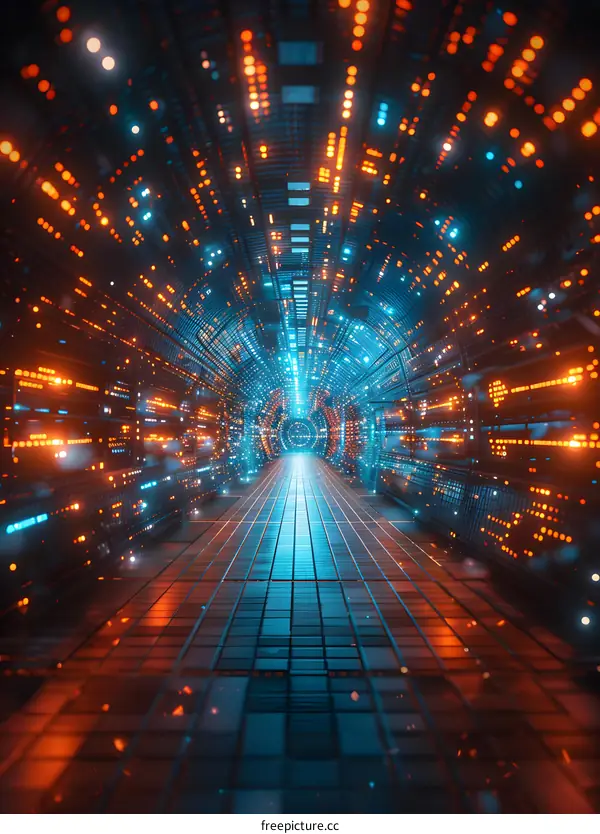Futuristic sci-fi tunnel of blue and orange lights