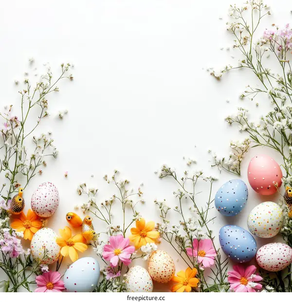 Easter Decoration Background with Colorful Eggs and Flowers