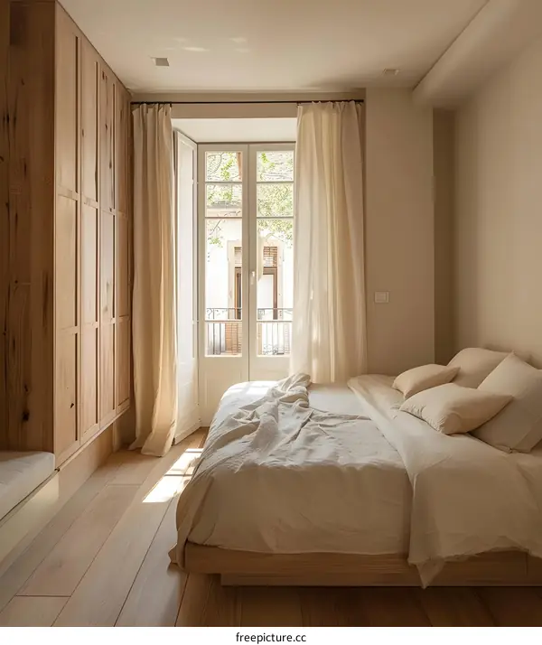 Minimalist Bedroom Interior Design with Wooden Closet and Large Window