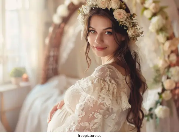 Portrait of a beautiful pregnant woman with a wreath of flowers on her head