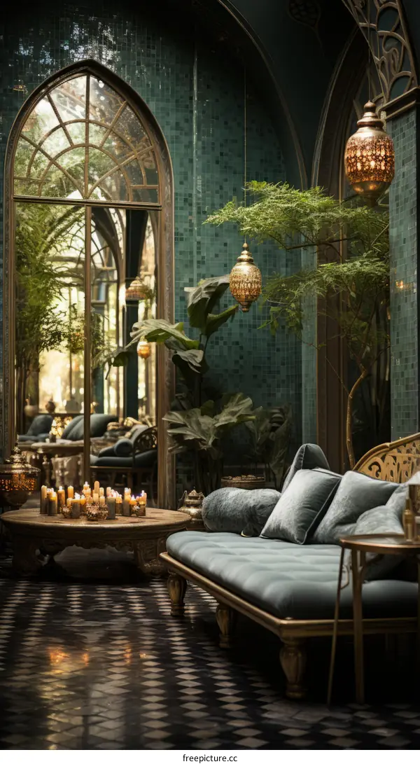 luxurious green drawing room with Moorish and Gothic influences