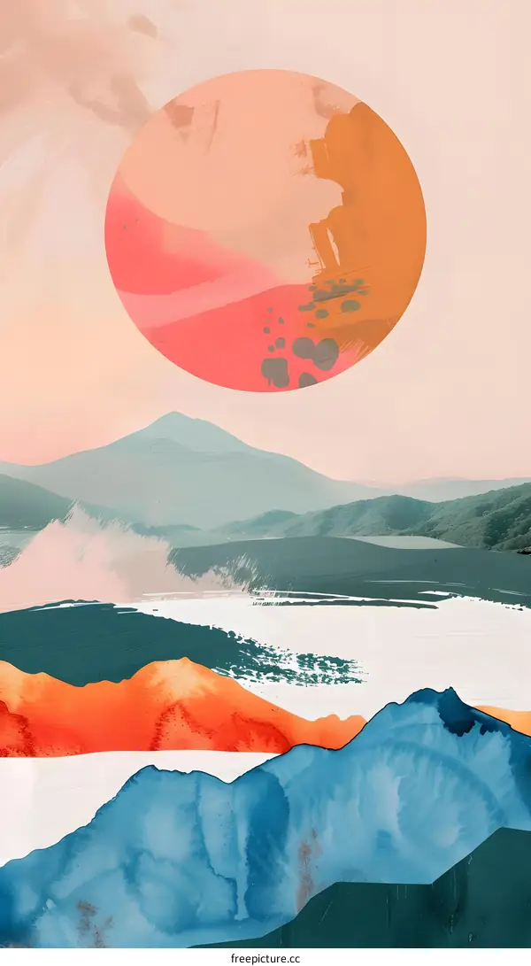 Abstract Watercolor Painting of Mountains and Sun