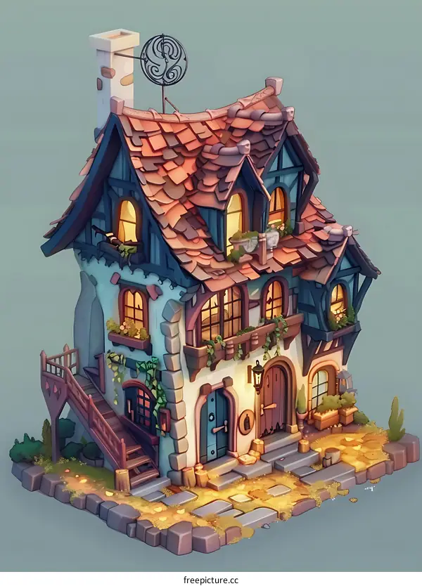 Cute Cartoon Illustration of a Cozy Cottage