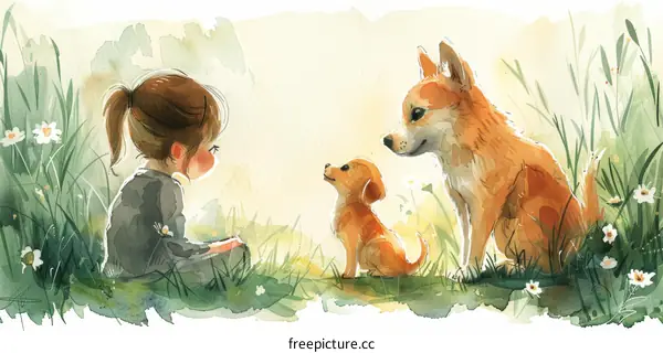 Little girl sitting on the grass with a dog and a puppy