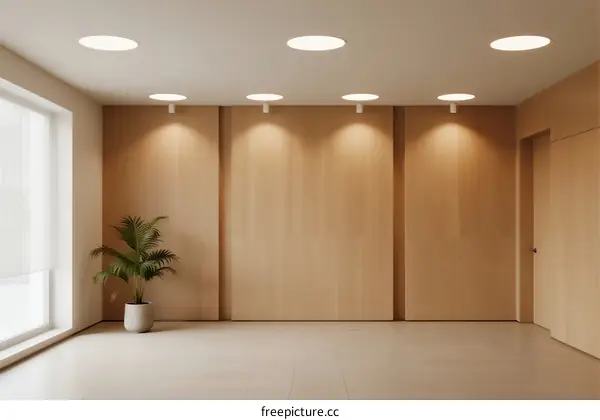 Modern empty room with wooden walls and ceiling lights