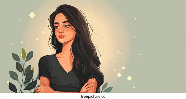 A beautiful young woman with long brown hair and freckles on her face is standing with her arms crossed.