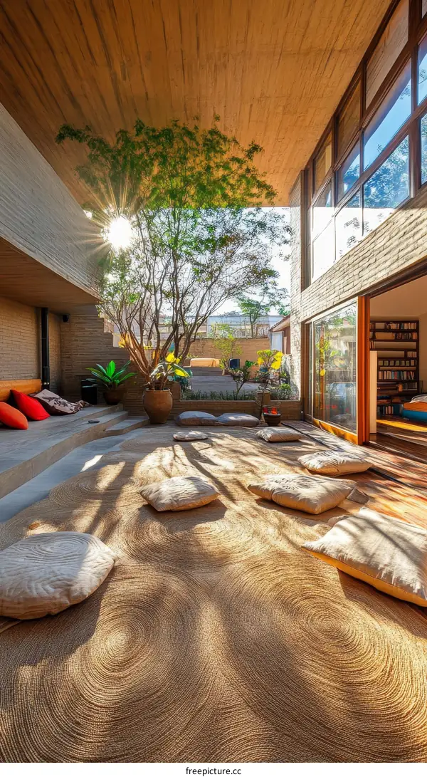 Modern Tropical Courtyard with Natural Fiber Flooring