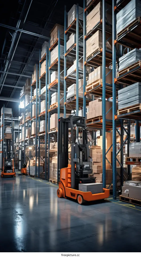 Warehouse Interior with Forklifts and Pallets of Boxes
