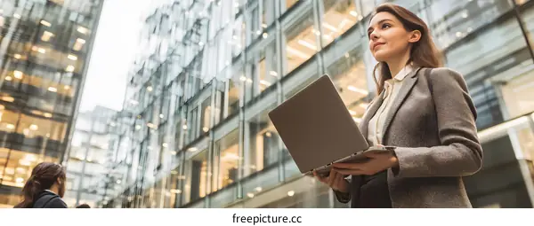 Business Woman Using Laptop In Front Of Modern Building