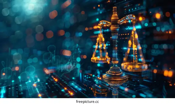 Digital justice, scales of justice, 3d rendering, glowing particles