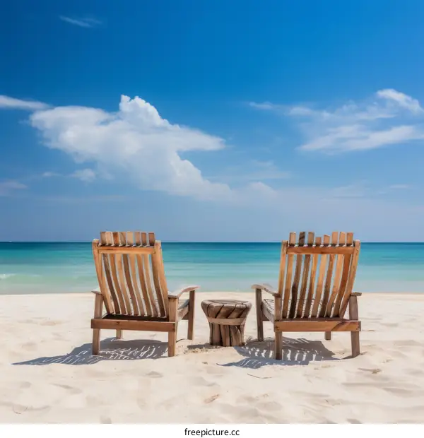 Two wooden chairs are placed on the beach with a small round table between them. The sea is calm and the sky is blue with a few white clouds.