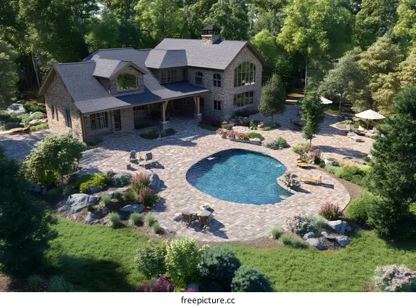 Stone House with Pool and Landscaping
