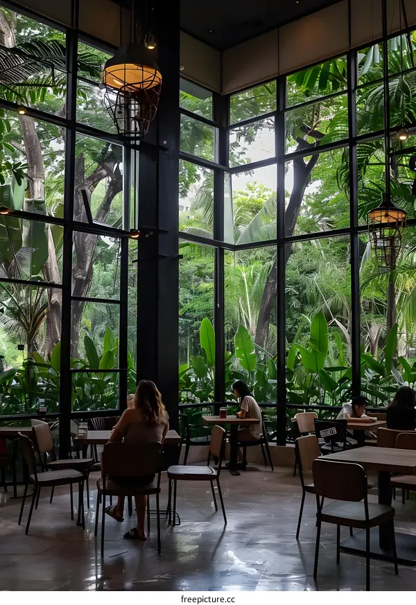 Large Windows Offer a View of Lush Green Greenery in a Modern Cafe