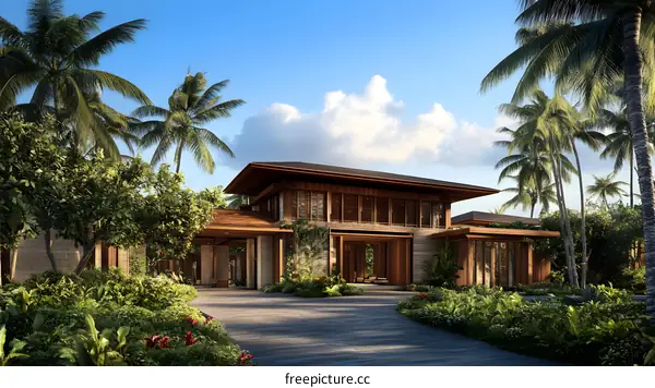 Modern Tropical House with Palm Trees and Lush Greenery