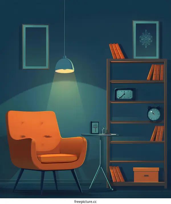 Night Interior Cartoon Illustration of Cozy Living Room with Armchair and Bookshelf