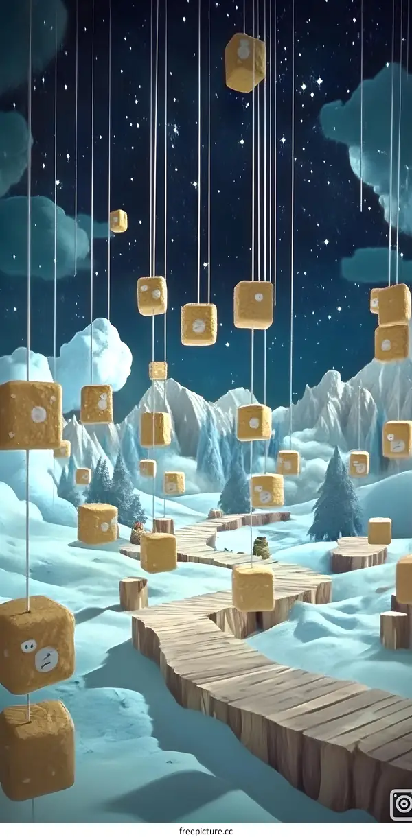 Winter Wonderland with Hanging Cubes and a Wooden Path