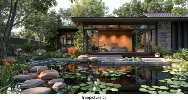 A Peaceful Courtyard House with a Relaxing Pond and Lush Garden