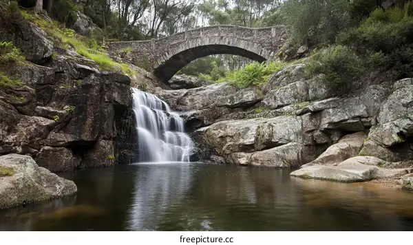 Majestic Waterfall and Stone Bridge Landscape