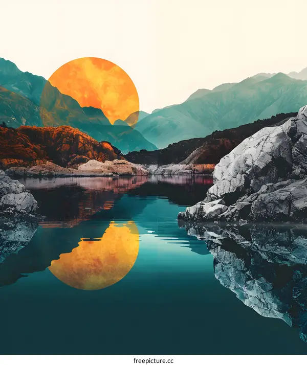 Mountain Lake Sunset Landscape with Orange Sun