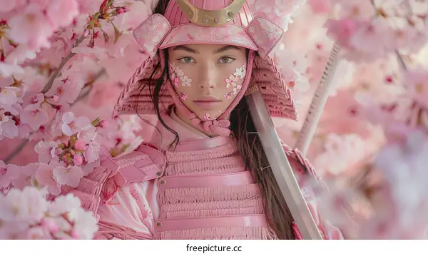 Portrait of a young woman in a pink samurai armor with cherry blossoms