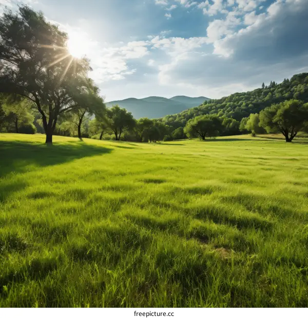 The sun shines through the trees in the green field