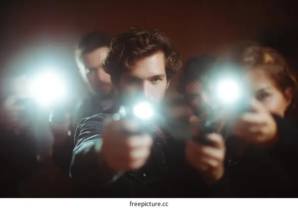 Team of Focused Individuals with Flashlights