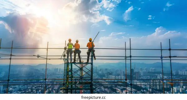 Construction workers on scaffolding overlooking a city skyline