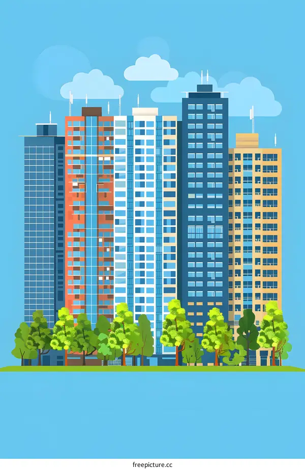 Modern City Skyline With Green Trees