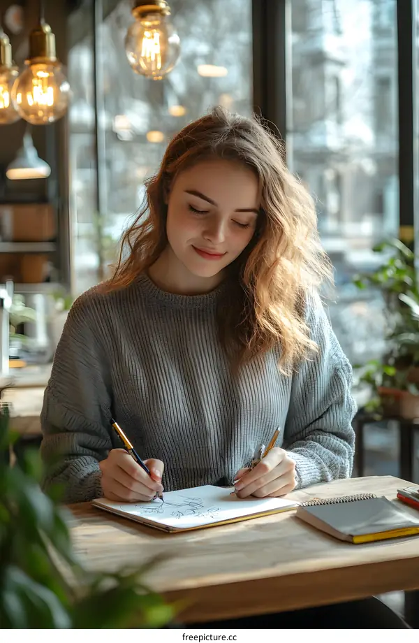 Young Woman Drawing in a Cafe