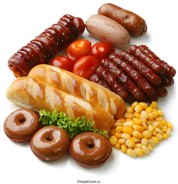 Sausages Tomatoes Corn Donuts and Bread on White